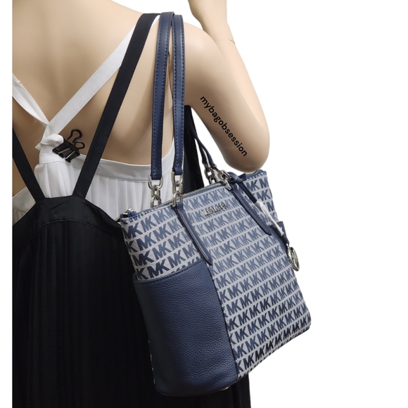 Michael Kors Bedford Logo Large Blue Shoulder Bag - Picture 2 of 7